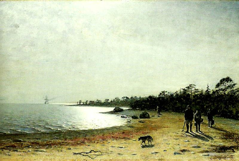 Eugene Jansson kustlandskap med figurer och hund pa sandstrand Sweden oil painting art